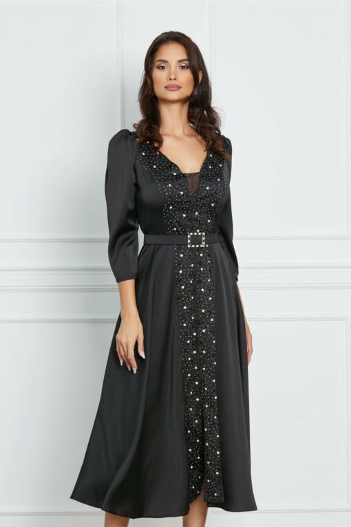 Black Friday 2022 Rochie Raluca neagra cu strasuri si bilute si curea in talie