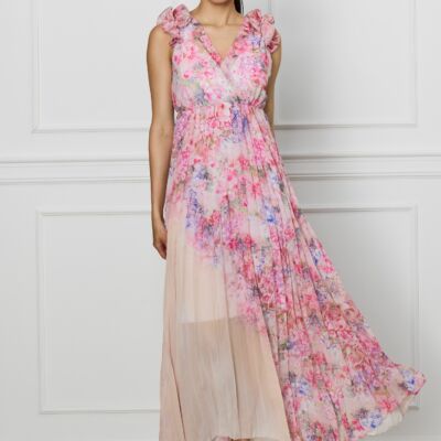 Black Friday Rochie Ramona lunga roz cu imprimeuri florale