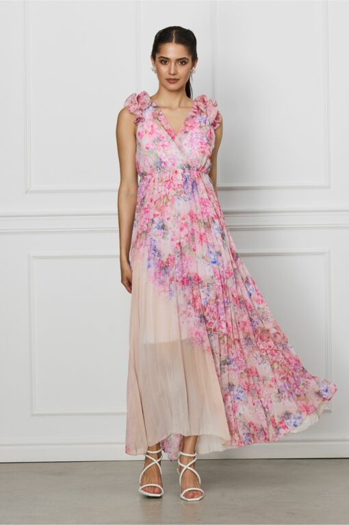 Black Friday Rochie Ramona lunga roz cu imprimeuri florale