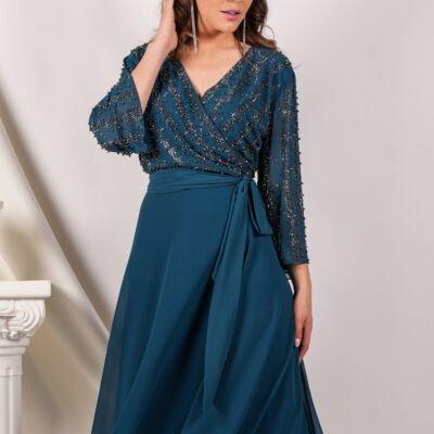 Black Friday 2022 Rochie Ramona turocaz cu perle si strasuri pe bust accesorizata cu cordon in talie