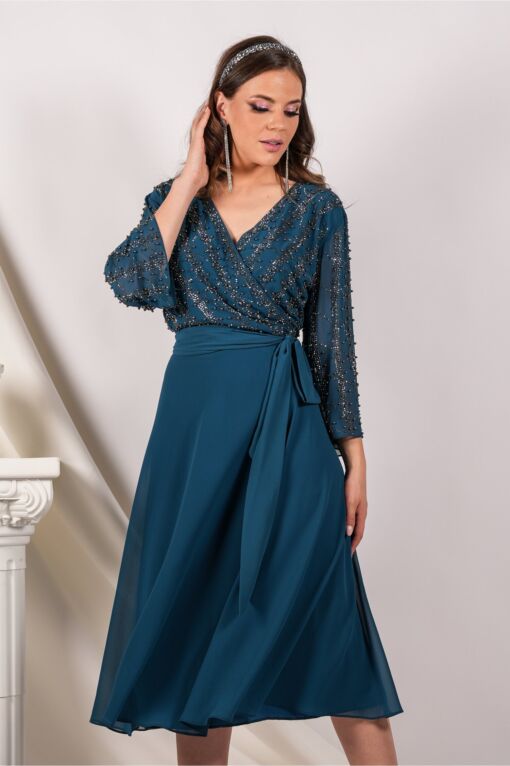 Black Friday 2022 Rochie Ramona turocaz cu perle si strasuri pe bust accesorizata cu cordon in talie