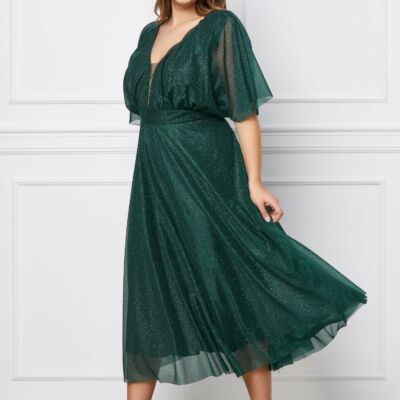Black Friday 2022 Rochie Ranya verde din tull cu sclipici