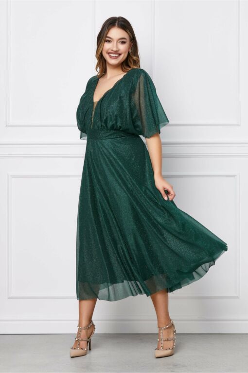 Black Friday 2022 Rochie Ranya verde din tull cu sclipici