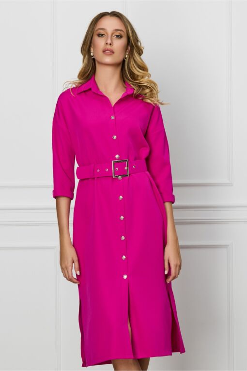 Black Friday Rochie Rebeca fucsia tip camasa cu nastusi si curea in talie