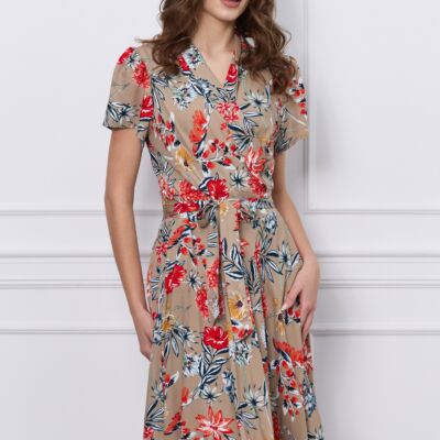 Black Friday 2022 Rochie Rina bej cu croi petrecut si imprimeu floral rosu