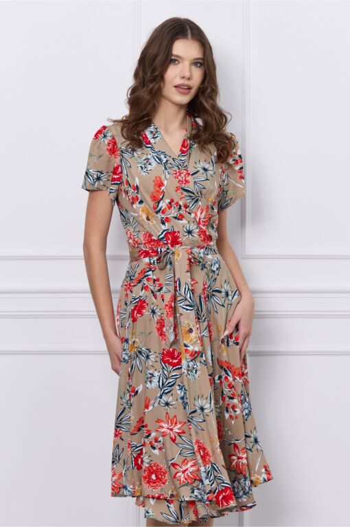 Black Friday 2022 Rochie Rina bej cu croi petrecut si imprimeu floral rosu