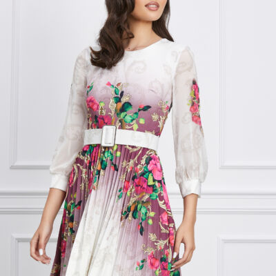 Black Friday Rochie Roxana ivory cu mov in degradee si flori