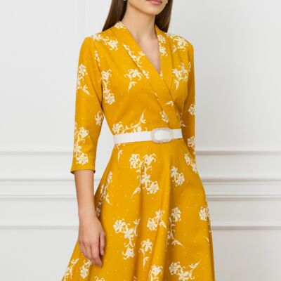 Black Friday Rochie Sabrina galben mustar cu imprimeuri florale albe si curea in talie