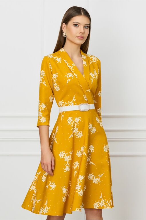 Black Friday Rochie Sabrina galben mustar cu imprimeuri florale albe si curea in talie