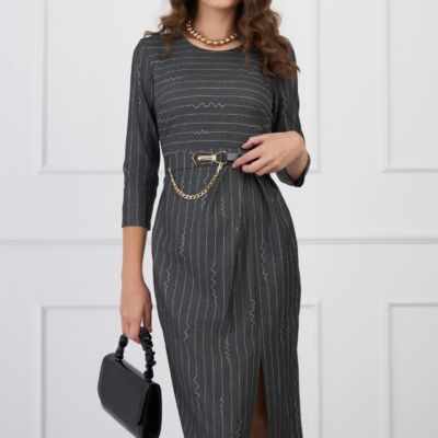 Black Friday Rochie Sabrina gri cu dungi si curea in talie