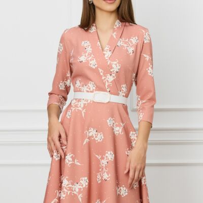 Black Friday 2022 Rochie Sabrina roz coniac cu imprimeuri florale albe si curea in talie