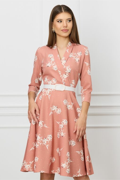 Black Friday 2022 Rochie Sabrina roz coniac cu imprimeuri florale albe si curea in talie