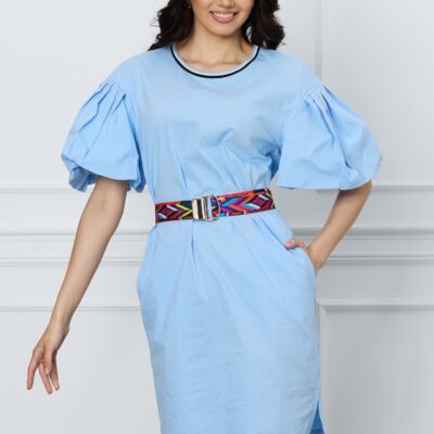 Black Friday Rochie Sami bleu cu maneci bufante si curea in talie