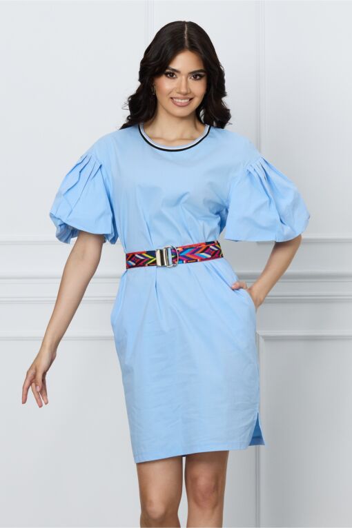 Black Friday Rochie Sami bleu cu maneci bufante si curea in talie