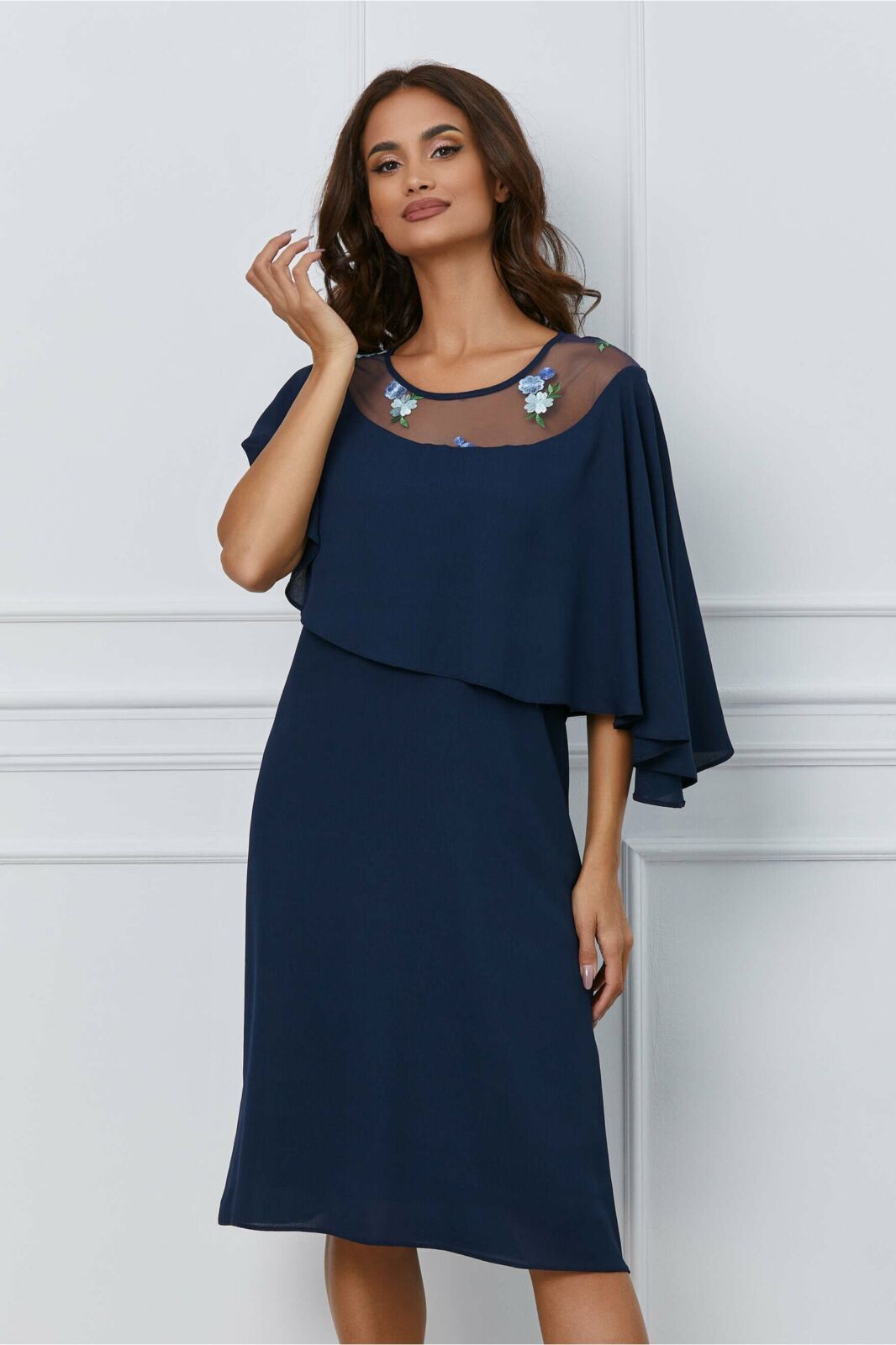 Black Friday 2022 Rochie Sara bleumarin cu volan maxi si broderie florala