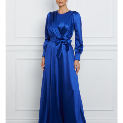 Black Friday 2022 Rochie Sara lunga albastra cu cordon in talie