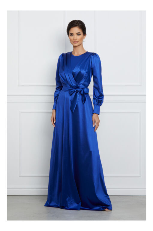 Black Friday 2022 Rochie Sara lunga albastra cu cordon in talie