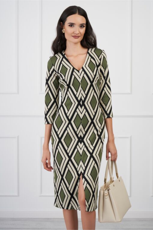 Black Friday Rochie Sarah kaki cu imprimeuri bej