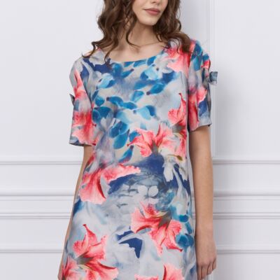 Black Friday 2022 Rochie Sasha bleu cu flori roz si fundite la maneci