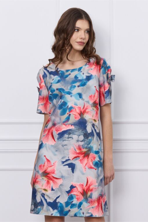 Black Friday 2022 Rochie Sasha bleu cu flori roz si fundite la maneci