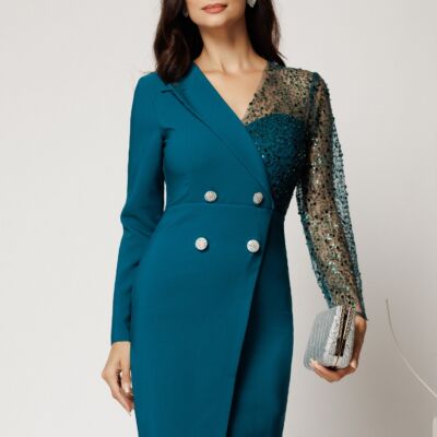 Black Friday Rochie Sasha scurta verde din stofa cu croi conic si bust din paiete