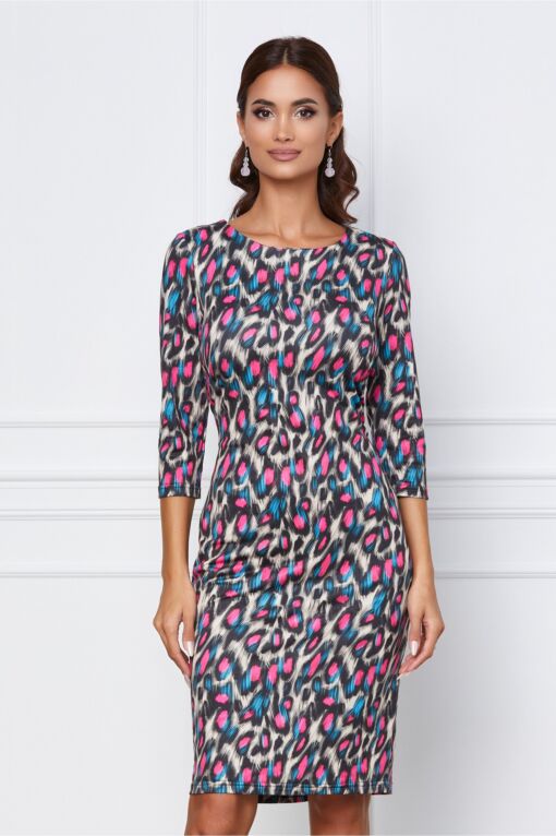 Black Friday 2022 Rochie Silvia bej cu animal print fucsia