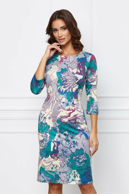 Black Friday 2022 Rochie Silvia bleu cu imprimeuri ivory si verzi