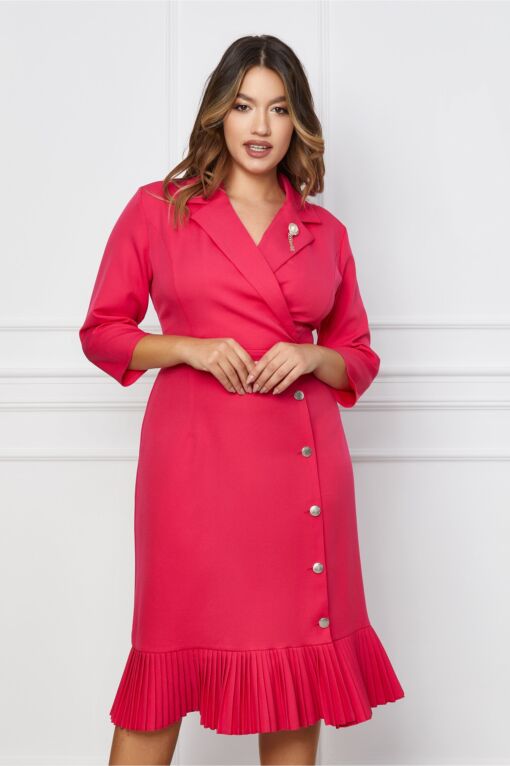 Black Friday 2022 Rochie Simina fucsia cu nasturi pe fusta si volan la baza