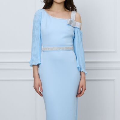 Black Friday Rochie Sophie bleu din neopren cu strasuri si curea in talie