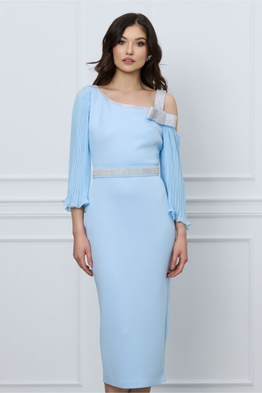 Black Friday Rochie Sophie bleu din neopren cu strasuri si curea in talie