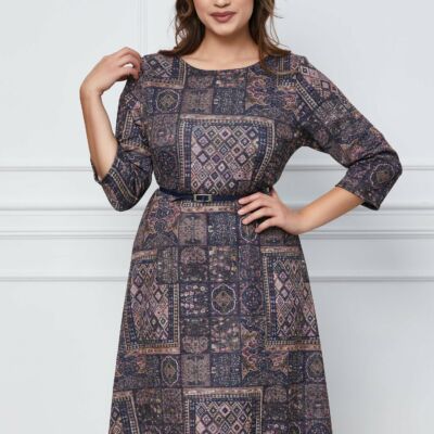 Black Friday 2022 Rochie Sorana bleumarin cu imprimeuri lila si curea in talie