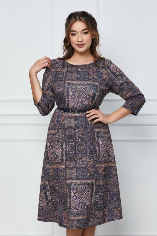 Black Friday 2022 Rochie Sorana bleumarin cu imprimeuri lila si curea in talie