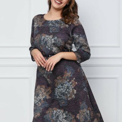 Black Friday 2022 Rochie Sorana gri cu imprimeuri mov si curea in talie