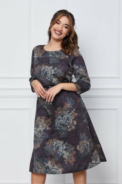 Black Friday 2022 Rochie Sorana gri cu imprimeuri mov si curea in talie