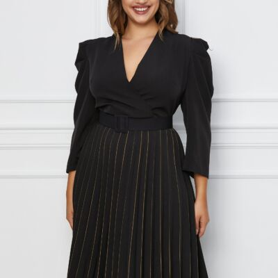 Black Friday 2022 Rochie Sore neagra cu pliuri pe fusta si curea in talie