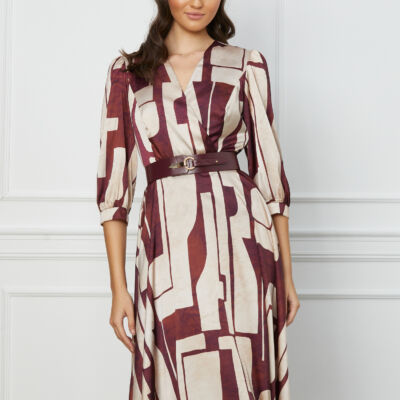 Black Friday Rochie Sorina bordo cu imprimeuri bej si curea in talie