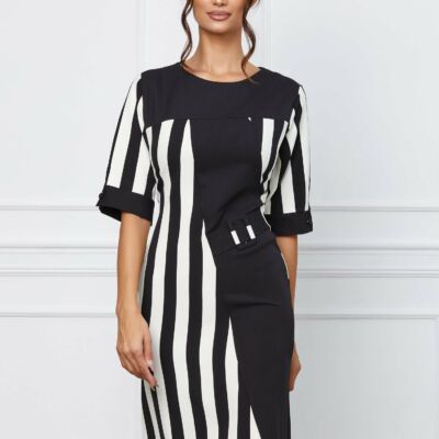 Black Friday 2022 Rochie Tania neagra cu dungi albe si aplicatie tip curea