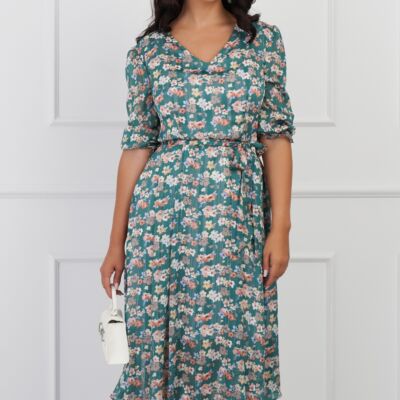 Black Friday 2022 Rochie Teodora verde cu imprimeuri florale peach si cordon in talie