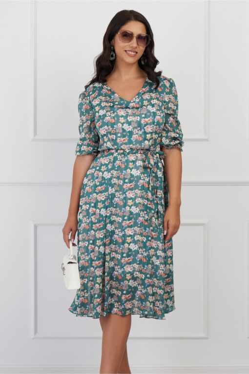 Black Friday 2022 Rochie Teodora verde cu imprimeuri florale peach si cordon in talie