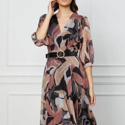 Black Friday Rochie Valeria bej cu imprimeuri roz si curea in talie
