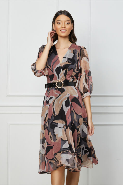 Black Friday Rochie Valeria bej cu imprimeuri roz si curea in talie