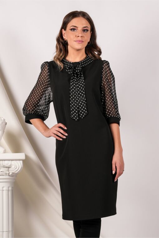 Black Friday 2022 Rochie Vanessa neagra cu buline pe maneci si guler