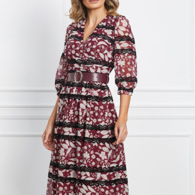 Black Friday 2022 Rochie Vera bordo cu imprimeuri bej si curea in talie