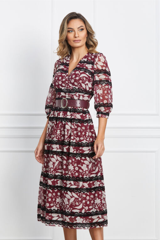 Black Friday 2022 Rochie Vera bordo cu imprimeuri bej si curea in talie