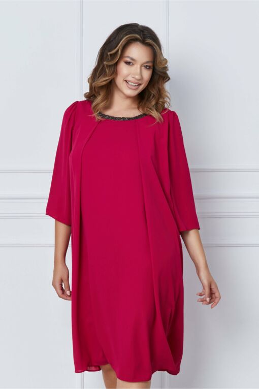 Black Friday 2022 Rochie Vera fucsia cu pliuri si margele la decolteu