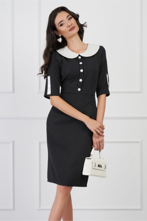 Black Friday Rochie Vera neagra cu guler alb si picatele
