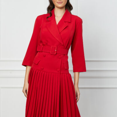 Black Friday 2022 Rochie Vera rosie tip sacou cu pliuri pe fusta si curea in talie