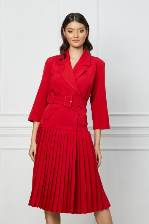 Black Friday 2022 Rochie Vera rosie tip sacou cu pliuri pe fusta si curea in talie