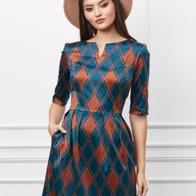 Black Friday 2022 Rochie Vera turcoaz cu imprimeuri maro