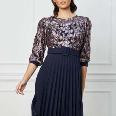 Black Friday Rochie Veronica bleumarin cu glitter auriu la bust si curea in talie